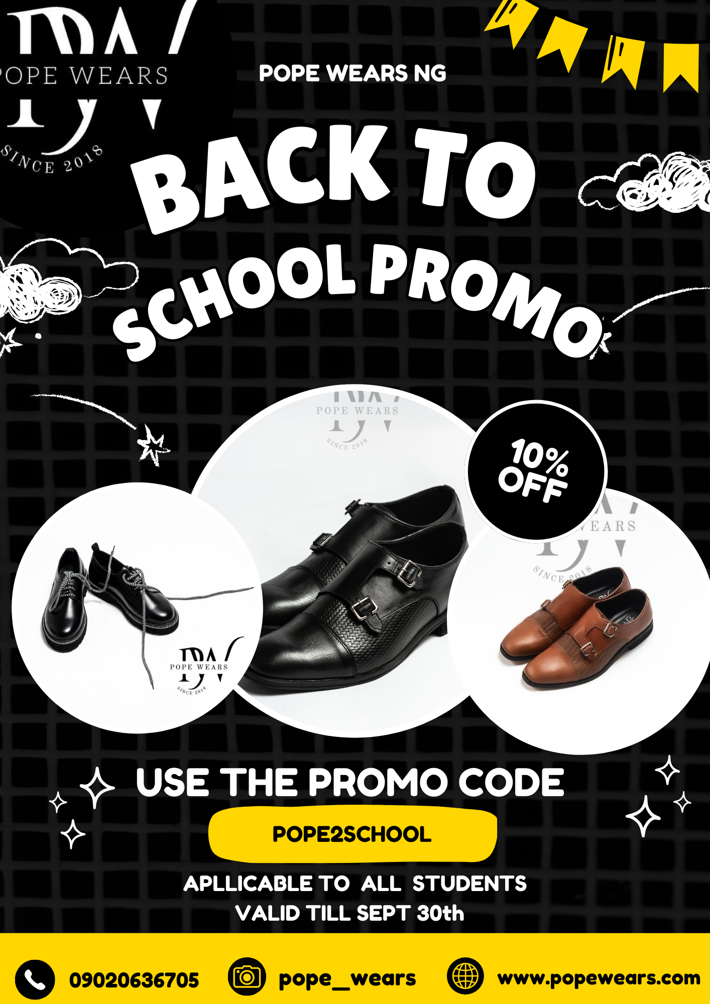 Shop your favorite pairs using our promo code " POPE2SCHOOL"